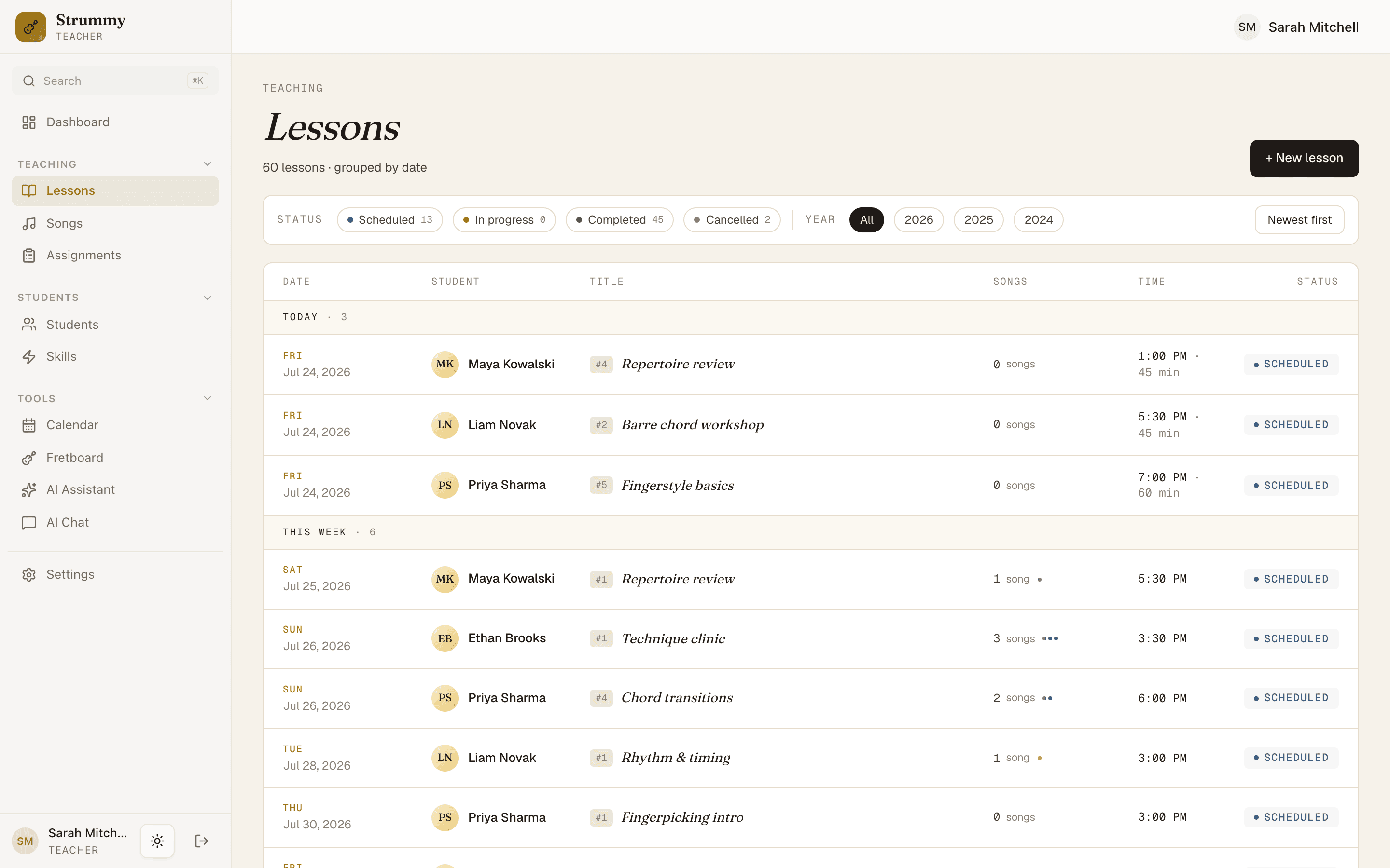 Lessons grouped by date with status filters and per-lesson song counts