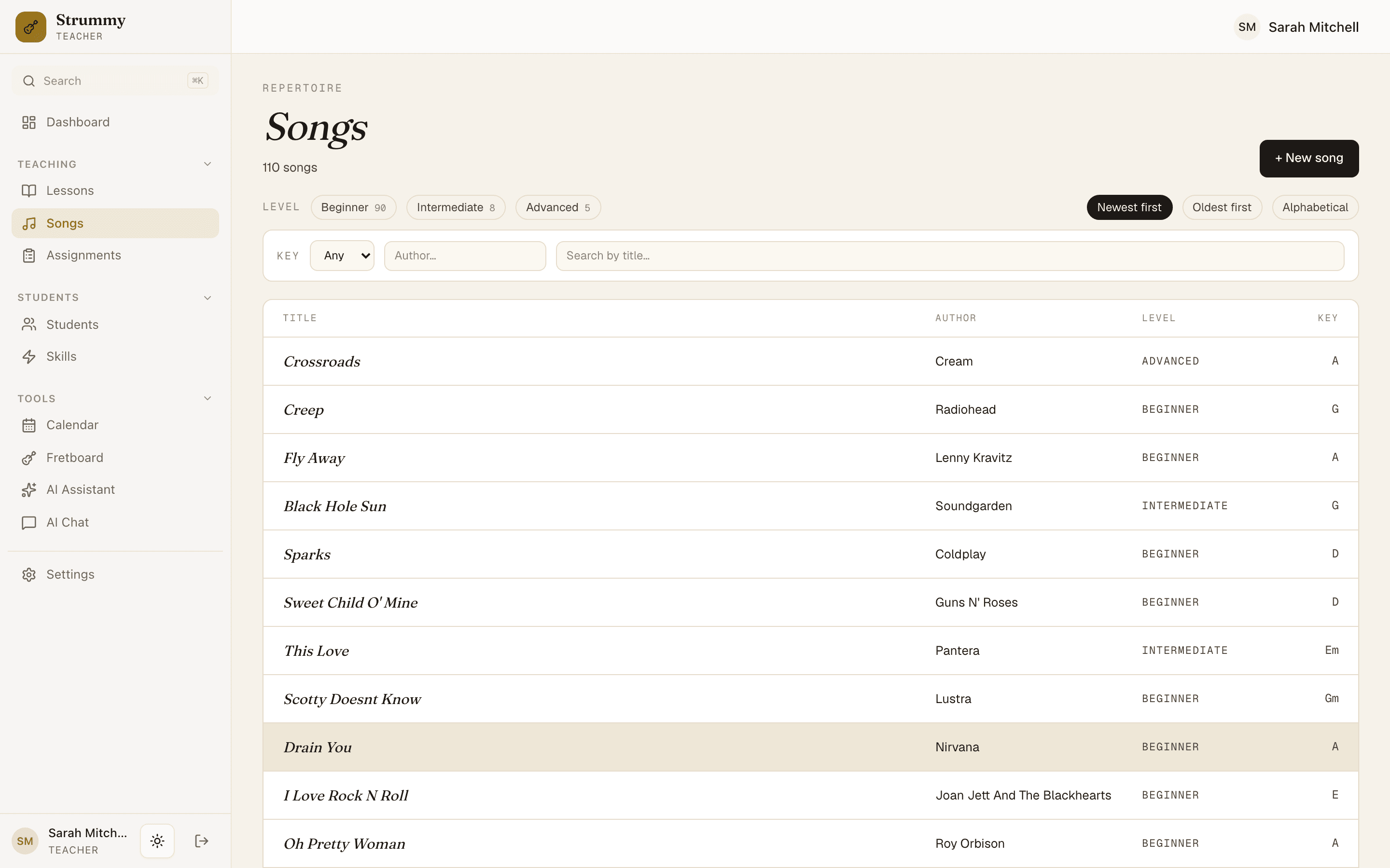 Song library with difficulty levels, musical keys, and author filters